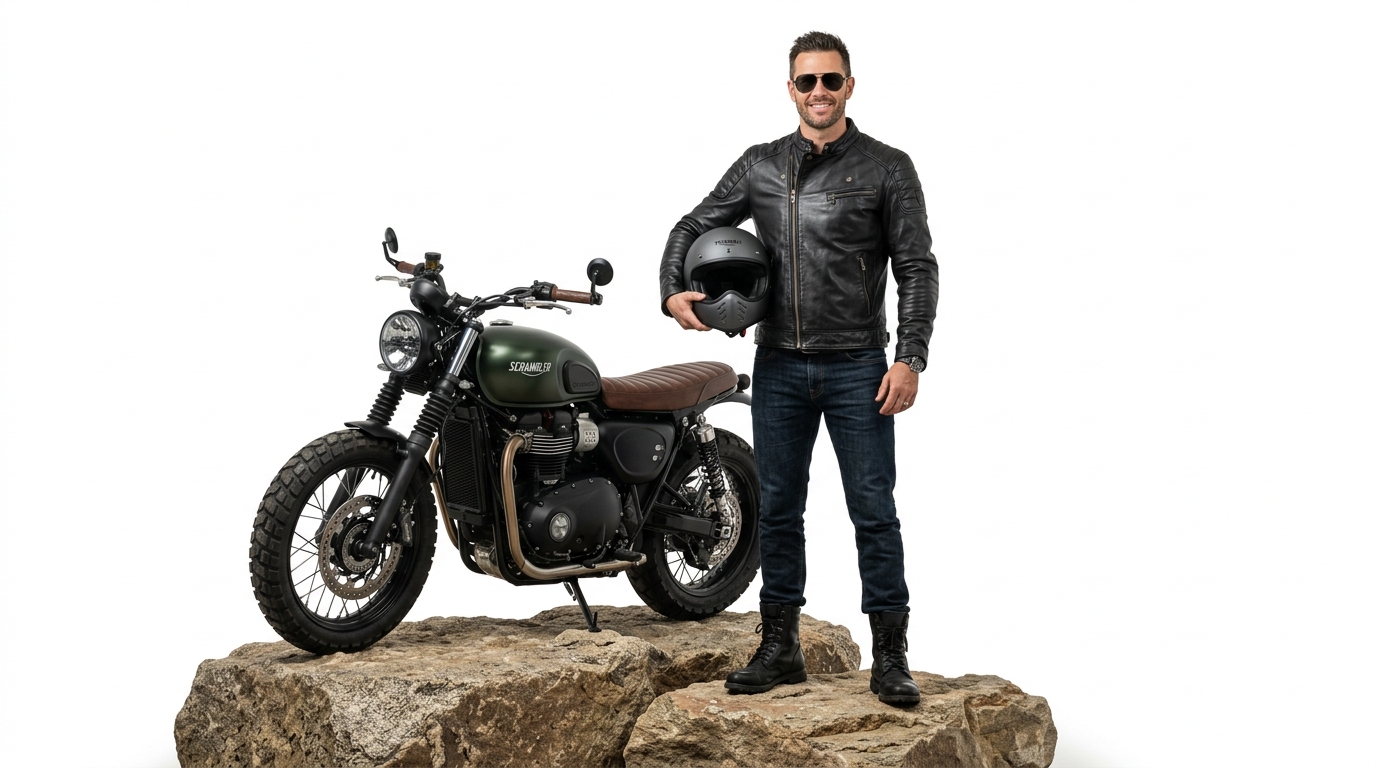 Pengendara Valiant Moto Bersama Sepeda Motor Scrambler di Atas Batu